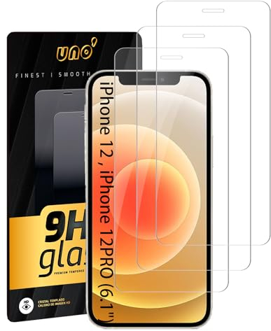 UNO' 3 Ud De Protector Pantalla para iPhone 12/12 Pro (6.1) Anti-huella, Antiarañazos, Dureza superficial 9H, Sin Burbujas, Ultra Resistent, Ultra Transparente.