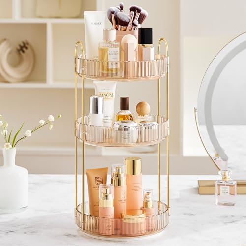 BTGGG Make up Organizer,360° Drehbarer Kosmetik Organizer,3 Etagen Schminktisch Organizer,Multifunktionaler Organizer Schminke,Schmink Skincare Aufbewahrung für Hautpflege, Nagellack Gold