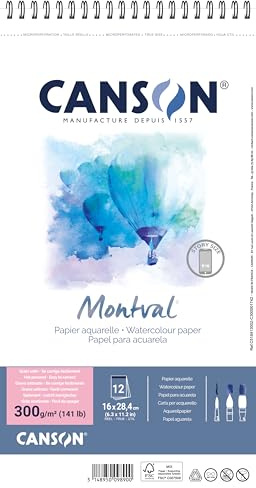 CANSON Montval Aquarellpapier Spiralblock, Satin, 300 g/m², 12 Blatt, 16 x 28,4 cm