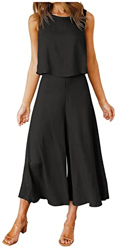 Damen Zweiteilige Outfits Lässiges Sommer Anzug Crop Tank Top Lounge Set Hose 2 Teilige Rundhals Ärmelloses Freizeitanzug mit Taschen Hosenanzug Leicht Einfarbig Activewear