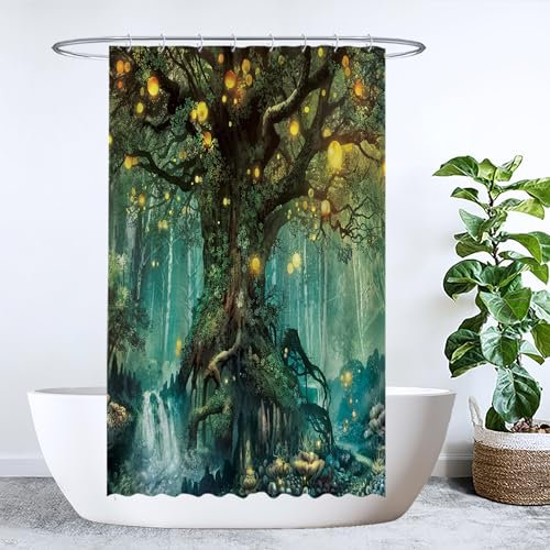 Ulticool Rideau de douche - Conte de fées elfe magique forêt naturelle - 120 x 180 cm - Lavable - Imperméable - Anti-moisissure - Avec 8 anneaux - Vert jaune