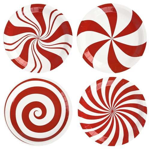 AimFun 48Pcs Christmas Candy Party Plates Peppermint Paper Plates Red and White Striped Disposable Dinner Tableware Xmas Candy Cane Lollipop Round Plates for Winter New Year Holiday Party Supplies