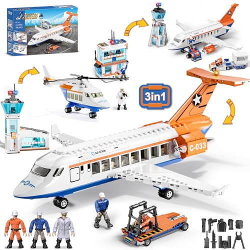 Set di Costruzioni per Aereo Passeggeri City, 796 PCS STEM 3 IN 1 Elicottero Giocattolo con 3 Aeroporto Personale Terminal Bagagli Camion Torre Radar, Giocattolo Regalo per Bambini Bambino Ragazze