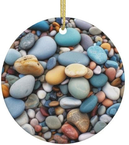 Weihnachtsschmuck in Strandfarben mit Kieselsteinen und goldener Schleife, Keramik-Christbaumschmuck zum Aufhängen für die Feiertage, Keramik-Ornamente, Basteln, Christbaumschmuck, Heimschmuck für Wei