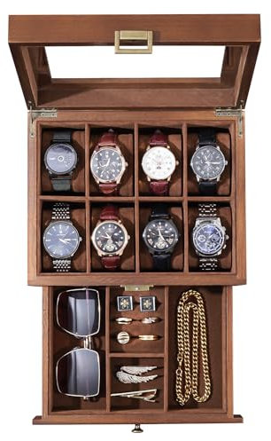 ProCase Porta Orologi in Legno a 8 Scomparti, Scatola Porta Orologi con Cassetto, Custodia Orologi a 2 Strati, Cofanetto Orologio Regalo per Uomo e Donna -8 Slot, Marrone