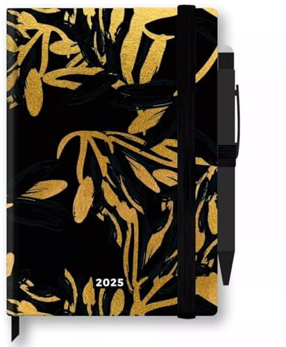 Seven Cartomania Precious Terminkalender Schwarz Gold mit festem Block 2025 21 x 15 cm Tageskalender 12 Monate mit Touch-Stift - Verschluss mit Gummiband + Stift und Lesezeichen