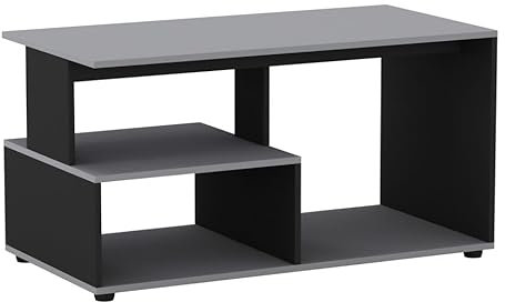 URBNLIVING 80cm Wooden Grey & Black Side Coffee Table With Storage Shelves 32 inch max TV size Modern Console Stand Media Entertainment Center for Living Room Bedroom Office