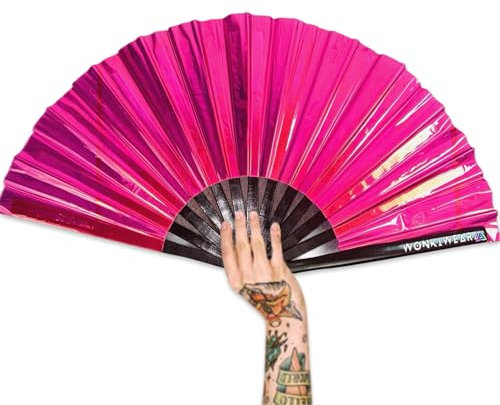 WONKIWEAR Fan, Folding Handheld, Iridescent, Holographic, Large Strong Black Bamboo. Unisex for Rave, Festival, Concert, Drag, Gay Pride (Pink Iridescent, Large)