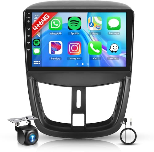 4G+64G Carplay sans Fil Autoradio pour Peugeot 207 2006-2015 9 Pouces Android 207 Radio avec Android Auto Mirror Link GPS Navi Bluetooth WiFi/FM/RDS/EQ/SWC/USB Commandes au Volant Caméra Recul