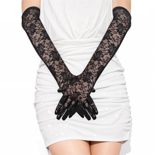 Lusofie Spitzenhandschuhe Schwarz Hochzeit Brauthandschuhe Netzhandschuhe Florale Spitzen Handschuhe für Hochzeit Party Kostümzubehör Abendparty Halloween und Karneval Weihnachten