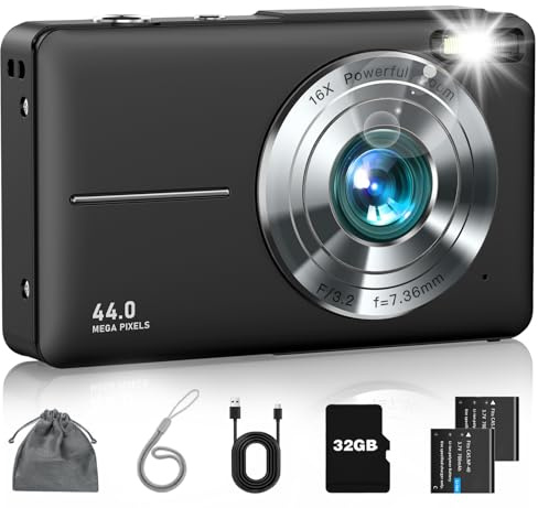 Digital Camera, FHD 1080P Point and Shoot Camera with 16X Zoom Anti Shake 32GB Card, Compact Small Video Camera Gift for Kids Teens Starter Boys Girls(Deep Black)