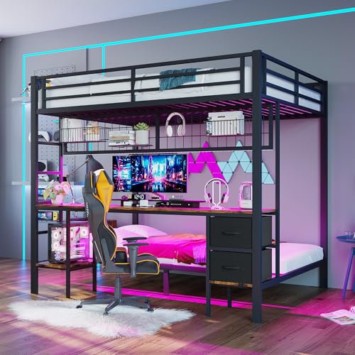 Seyakany Letto a soppalco 140 x 200 cm con striscia luminosa a LED e porta USB, in metallo, letto a castello per bambini a 2 posti, con cassetti e griglia di sospensione, scrivanie, con barriere e