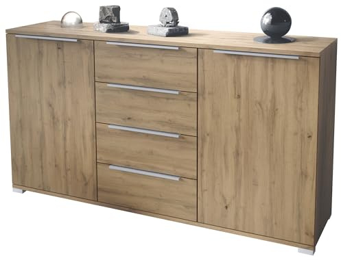 Vladon Sideboard Linio V1, Anrichte mit 2 Türen und 4 Schubladen, Eiche Evoke/Eiche Evoke (138,5 x 75,5 x 35 cm)