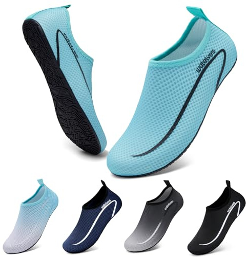 Swim Water Shoes Aqua Socks Barefoot for Sea Beach Swimming Shoes Pool Ladies Women Mens Line Blue Green 7.5/8.5 UK