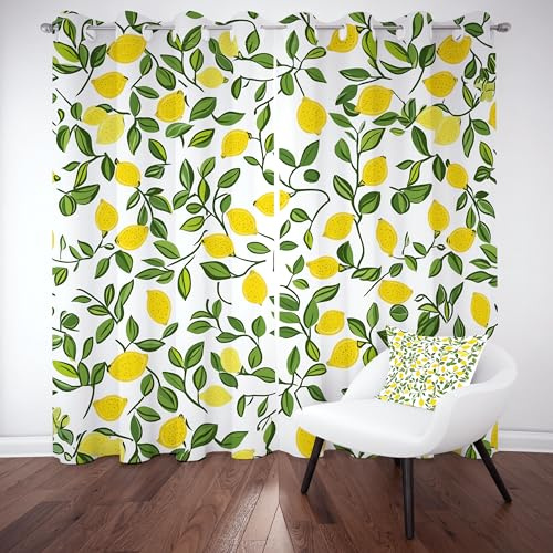 RRUxiia Karikatur Zitrone Vorhang, Niedlich Anlage Blatt Vorhang Blickdicht, Obst Muster Schlafzimmer Ösenschal 2er Set 200 x 140 cm(HxB),Gardinen Wohnzimmer Thermovorhang