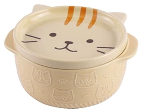 Japanese Style Ramen Bowl with Lid – Cute Animal Design, Ceramic Noodle Bowl with Cover (Ø15cm | H7.5cm) | Microwave, Oven, Dishwasher Safe (Yellow Cat)