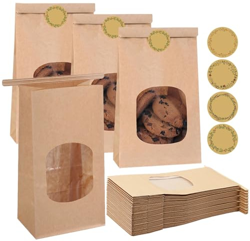 QingWing 30 Pezzi Sacchetti Carta Kraft con Finestra Trasparente, 9 x 6 x 17 cm Riutilizzabili Sacchetti di Carta Kraft per Alimenti con 48 Adesivi, per Pane, Tost, Dolci e Confezioni (Marrone)