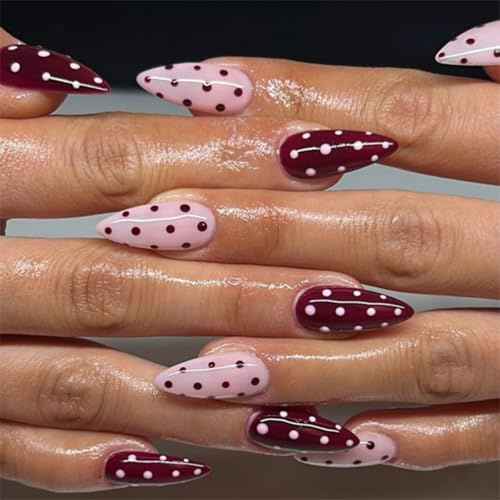 24Pcs Press on Nails Almond Medium, Cute Fake Nails with Polka Dot Design, Long Lasting No Lifting, Glossy False, Full Cover Stick on Nail For Polka Dot Fashion (Style B)