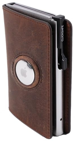 ClickSafe 996305 Kreditkarten-Börse Slim, braunes Hunter-Leder, Kartenhalter Aluminium Silber, 6 Karten, Click-System, Etui mit AirTag-, Schein- und Kreditkartenfach, RFID, 9,5 x 6,5 x 2 cm, Braun