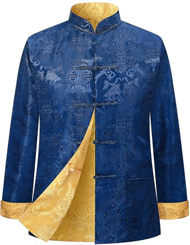 Funny World Tang Suit Men Hanfu Chinese New Year Shirt Traditional Clothes Both Sides Long Sleeve Top, Blue Gold, Medium