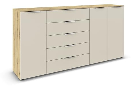 Rauch Möbel Flipp, Kommode, Farbe Beige/Eiche Artisan, Breite 199 cm | Sideboard, 3-türig, 5 Schubladen, Soft-Close-Funktion, für Schlafzimmer, Gästezimmer, Wohnzimmer, Garderobe, Flur
