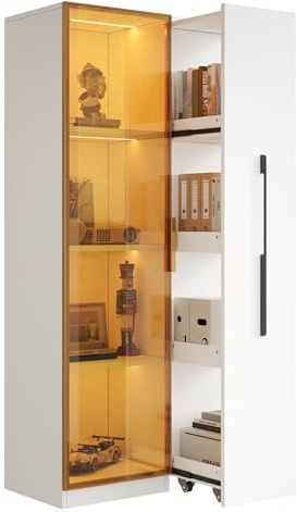 Vitrina de cristal 70 × 40 × 160 cm, gran vitrina con puertas de cristal, cajones laterales e iluminación LED integrada, un elegante mueble de almacenamiento – Vinoteca, estantería (blanco)