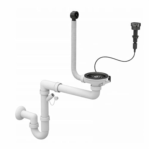 QLS Automatischer Einbecken-Siphon für Küchenspüle | Platzsparender Abfluss 3 1/2 Zoll | Mit Ablaufgestänge & Anschluss für Geschirrspüler & Waschmaschine | Edelstahl & PVC (Gun Metal)