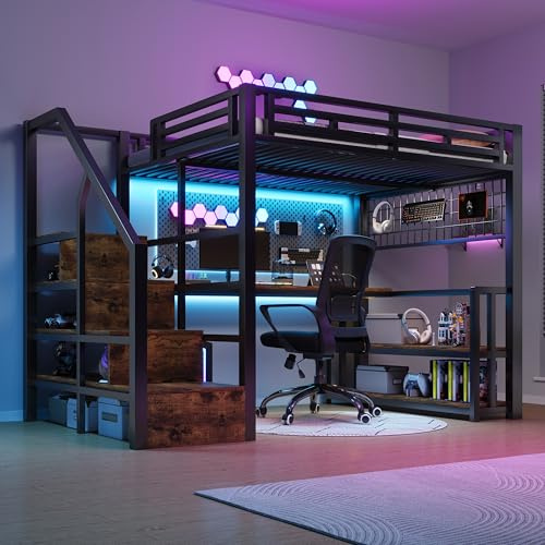 Letto a soppalco con luce LED e porta USB 140x200 cm,Letto matrimoniale con struttura in ferro con scrivania e Griglia sospesa,Con scale portaoggetti e ripiani portaoggetti,Nero(Senza materasso)