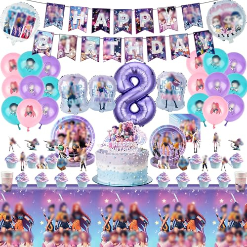 91 PCS Demon Birthday Decorations 8th, Party Decorations Party Supplies Paper Plates Cups Napkins Tablecloth Balloons , Tableware Set for 10 Guests