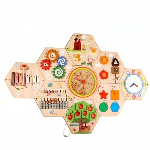 TTETTZ Kinder Lernbrett Motorikspiel Wandspielzeug Lernbrett mit Drehelementen Holz zur Steigerung der Entdeckerlust für Vorschulkinder Spieleecke, Sechseckiges Wandspiel 4.5kg