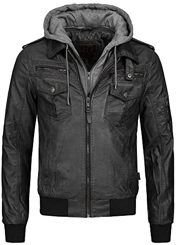 Indicode Herren Aaron Lederjacke mit abnehmbarer Kapuze | Kunstlederjacke Übergangsjacke Black L