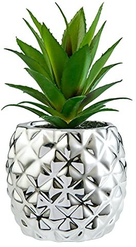 Künstliche Sukkulenten-Pflanze im Topf, 19,8 cm hoch. Porzellantopf in Ananasform, Home & Garden Dekoration silber