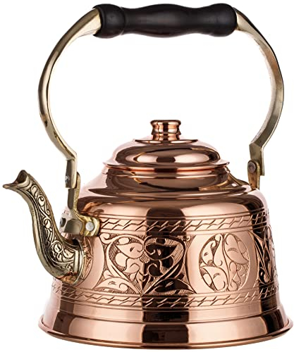 DEMMEX Heavy Gauge 1mm Thick Engraved Solid Copper Tea Pot Kettle Stovetop Teapot, Handmade (1.6-Quarts - Engraved)