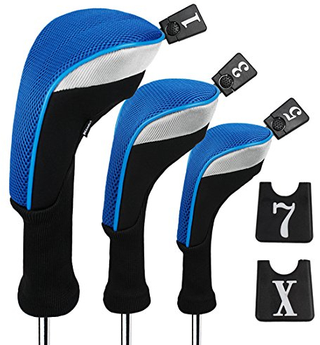 Andux Golf 460cc Driver Kopfhüllen Golfschläger mit langem Hals Holzkopfhüllen 3 Stück Blau