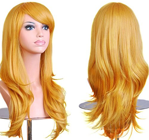 Zinsale 70cm Lange lockige Perücken Hitzebeständig Synthetik Harajuku Perücke Lolita Cosplay Haarteil (Gelb)