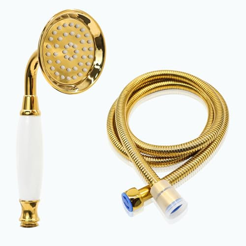 ENGA Vintage Handbrause Regendusche Telefonform Messing Keramik Duschkopf mit 150 cm Schlauch für Badezimmer (Gold-Finish)