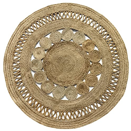 HAMID - Tapis Jute Alhambra Nazarí Rond Couleur Naturelle, Tapis 100% Fibre Naturelle de Jute, Design Tressé, Fait Main, Tapis pour Décoration, Salon, Chambre, (150x150cm)