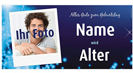 Herz & Heim® Partybanner Geburtstag mit eigenem Fotos und Namen 0,80 x 1,60 m (Blau)