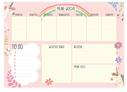 Friendly Fox Wochenplaner Block Einhorn, 1x DIN A4 Schreibtischunterlage als Kalender ohne festes Datum, Weekly Planer, Schreibblock Organisation to do