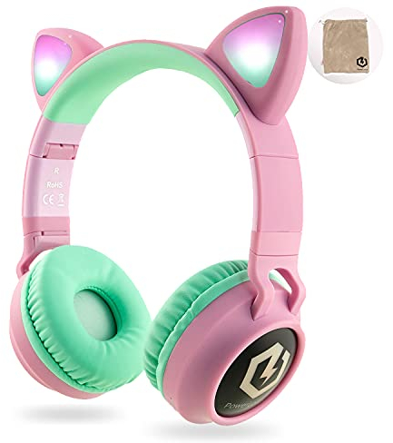 PowerLocus Cuffie Bluetooth per Bambini, Senza-Fili Cuffie Over-Ear, Limitatore audio a 85 dB, con orecchie LED, Pieghevole, Con Microfono, Micro SD, Sacchetto da Trasporto per Viaggio/Telefono/PC