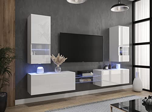 Furnitech Wohnwand Wohnzimmer | Wohnzimmer Möbel mit LED RGB - 16 Farben | Hängend Wohnwand Modern | Wohnzimmer Schrankwand mit Regale und TV Schrank (AN21-NEW-21W-HG2-1A)