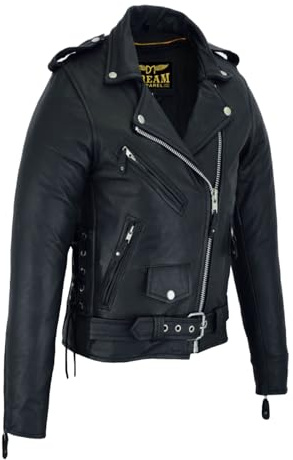 GARGOYLE BELLS Womens Motorcycle Jacket Classic Cowhide Leather Jacket with Lace Sided Leather Biker Coat for Women