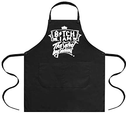 JOYPLUS Lustige Schürzen für Männer und Frauen, Übergröße und extra langer Gürtel zum Kochen, Lustige Worte in Schwarz mit Tasche