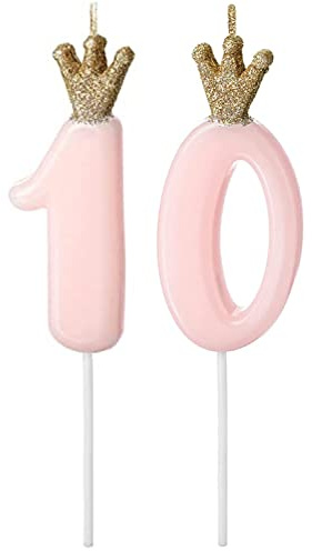 Geburtstagskerze 10 Rosa Gold – Glitzer Zahlenkerze mit Krone | Kerze Zahl 10 für Mädchengeburtstag – Kuchendeko für Torte, Kuchen & Cupcakes, rosa-gold, ca. 9,5 cm