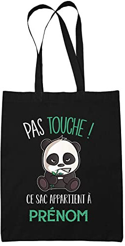 Tote Bag Pas touche panda noir | Sac coton cabas réutilisable prénom nom métier personnalisé | Idée cadeau customisable