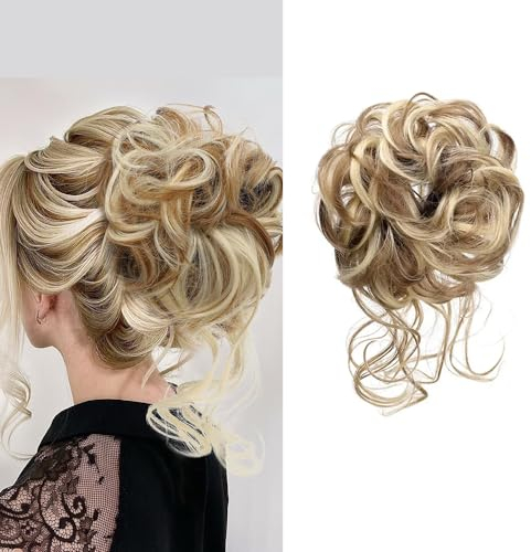 Große unordentliches Dutt Haarteil Messy Bun Haarteil Mit Gummiband kunsthaar haargummi mit haaren Tousled Updo Haarteile für Frauen Mädchen (18H613# (Ash Blond Mischen Blond bleichen))