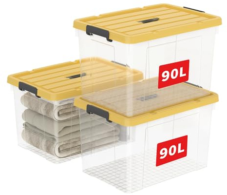 Cetomo 90L*3 Aufbewahrungsboxen, Tragbare Plastikboxen mit Deckeln, Organizer-Behälter mit Griff und Clips, Stapelbar, Ineinander Nestbar, für Zuhause und Büro, Transparent & Gelb, 90L-3er Pack