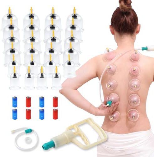 BASVII 24 Pièces de Ventouses Chinoises Avec Pompe à Vide, Ventouses Therapeutiques Kit en Matériau ABS, Avec 8 Aimants, Pour Les Bras, Les Épaules, Le Cou, Pour Soulager La Fatigue Musculaire