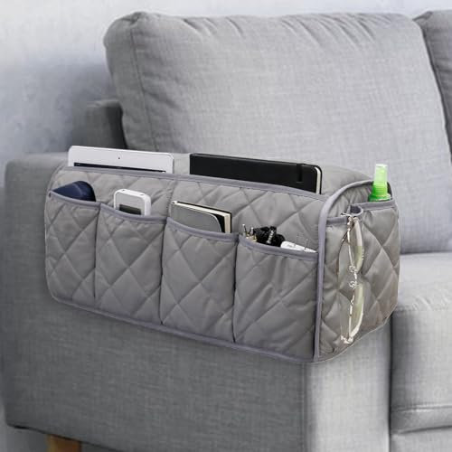 DECKALY Organizador de reposabrazos de sofá, soporte para control remoto de sofá con 14 bolsillos, impermeable, antideslizante, organizador reclinable para mandos a distancia de TV, libros, revistas,
