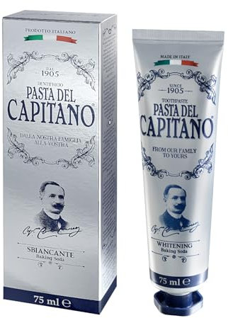 Pasta del Capitano 1905, Aufhellende Backpulver-Zahnpasta, Ideal zur Erhaltung der natürlichen Zahnfarbe, Reduziert Essensflecken, 100% Made in Italy, 75 ml Tube